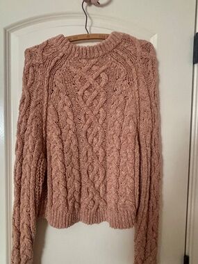 Free People Bonfire Cable Knit Pullover Cardigan Crop Sweater Size Large Brown